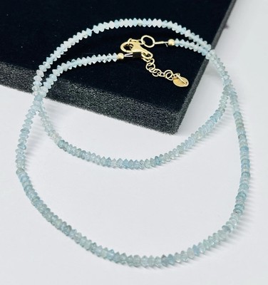 Signierte JLO Aquamarin facettierte Rondelle Edelstein Perlen Halskette 18 -20 