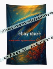 Deep Ocean Whale Drift Wall Tapestry with Tranquil Sea Atmosphere 59X82 in