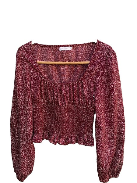 THANNE blouse top size 12 woven polyester burgundy floral square neck smocked