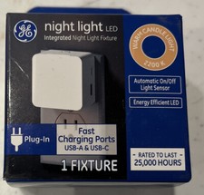 GE Automatic On Off LED Plug In Night Light With USB-A  USB-C Charging Ports