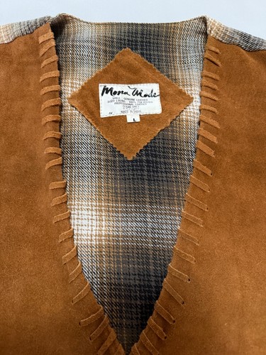 1980s Mona Mode Womens Large Leather Plaid Western Button Vest Brown Gray White - Picture 6 of 10