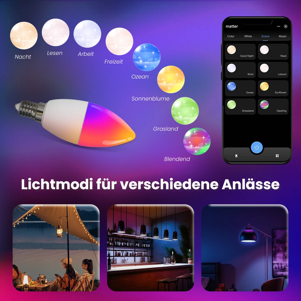 MOES Smart Matter Glühbirne E14 WLAN LED Leuchtmittel RGB Dimmbar Lampe 6W 470LM - Bild 4 von 4