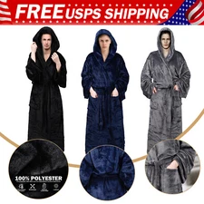Mens Soft Hooded Bathrobe Long Plush Fleece Bath Robe Warm Gift w/ Hood &Pockets