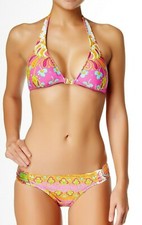 Trina Turk Woodblock Pinkberry Halter Top 6  Bottom 8 Swimsuit Bikini Set