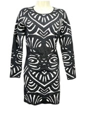 Parker Aztec Bodycon Stretch Knit Dress Metallic Dark Gray White Size Small