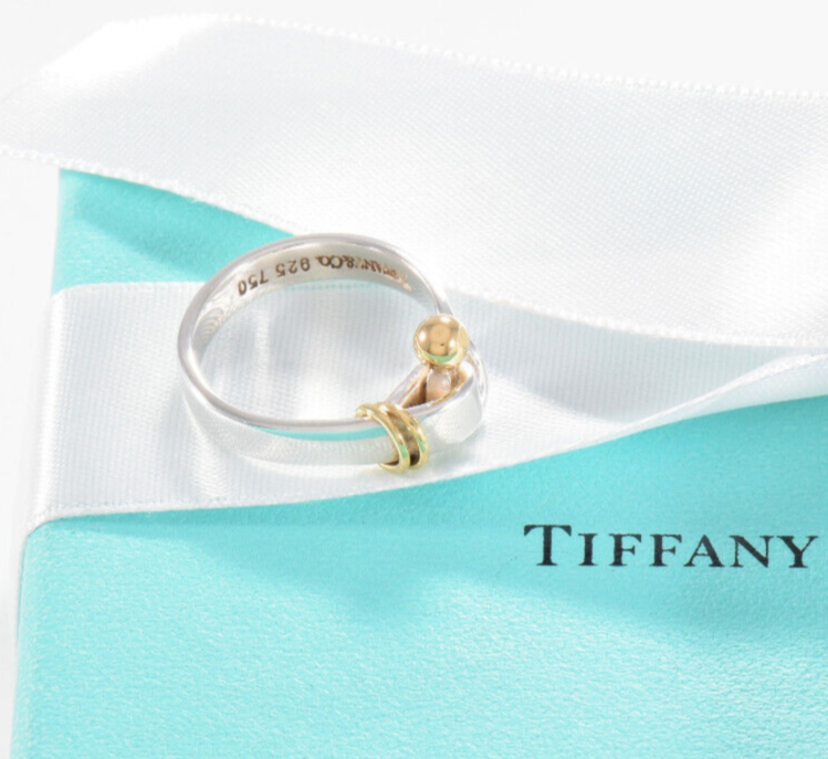 Vintage Tiffany & Co 18K Yellow Gold Silver Hook Eye Ball Ring