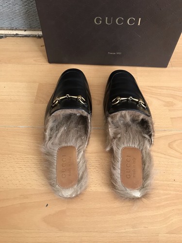 Gucci Princetown Black Leather Mens Slipper Horsebit Loafers Fur Shoe Uk 8 - Picture 7 of 13