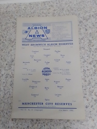 WEST BROMWICH ALBION RESERVES V MANCHESTER CITY RESERVES PROGRAMME 21/3/1964 - Picture 2 of 5