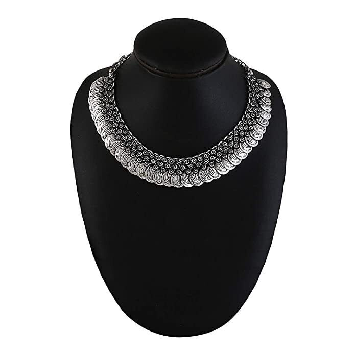 Oxidised Silver Long Chain Pendant Choker Necklace Jewellery Set For