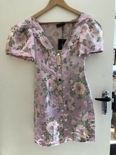Pretty Little Thing 4 Pink Floral Brocade Gold Button Bodycon Dress BNWT