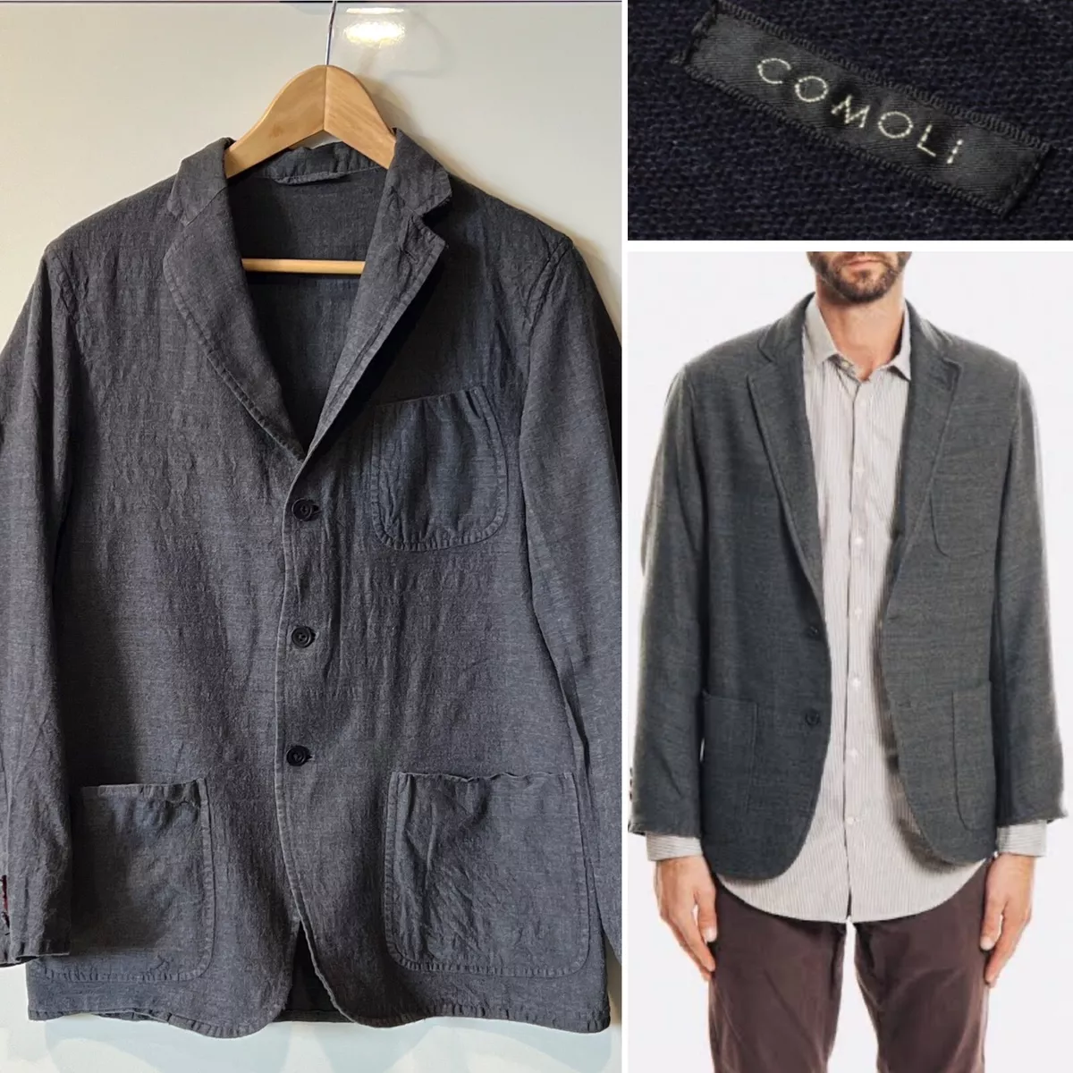 COMOLI Tokyo Charcoal Wool x Linen 3 Button, 3 Pocket, Jacket