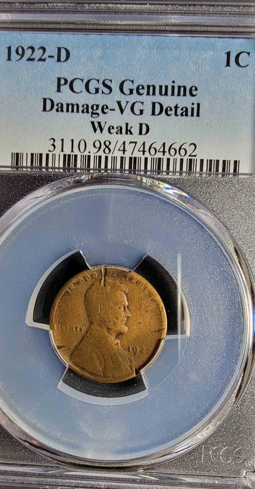 Lincoln Wheat 1c Cent Penny 1922-D Very Weak D Genuine Damage VG Detail - Image 2 of 4
