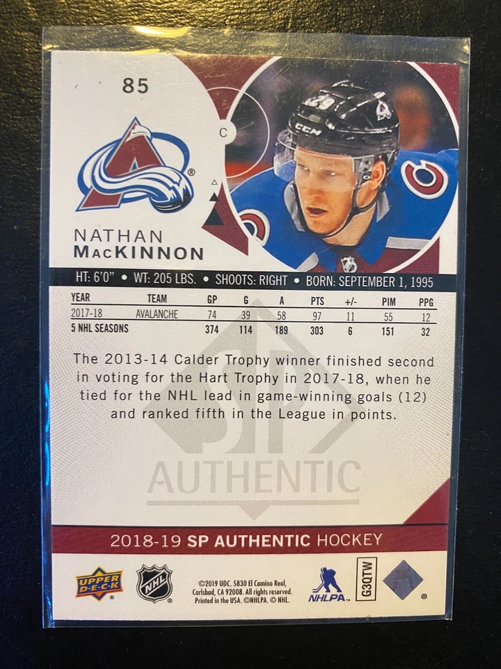 Nathan MacKinnon 2018-19 SP Authentic Upper Deck #85 Colorado Avalanche - Image 2 of 2