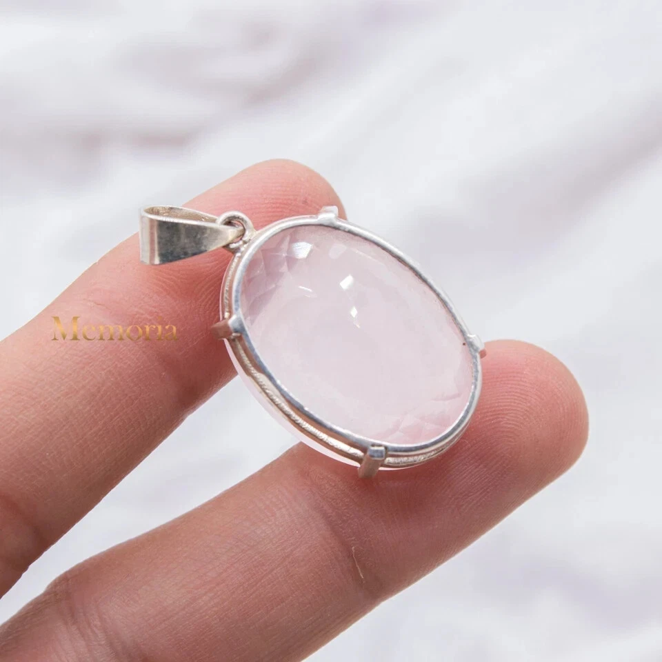Colgante de cuarzo rosa con piedras preciosas de plata de ley 925 hecho a mano joyería regalo para ella Foto 4 de 4