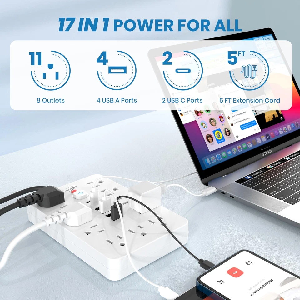 Power Strip Surge Protector with 11 Outlets 4 USB and 2 USB C Ports White 2 Pack - Image 4 of 4