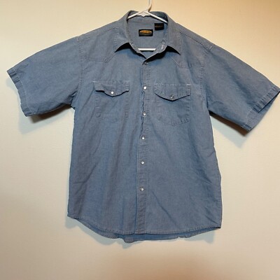 Sandy River Mens Button Up Size L Blue Short Sleeve Pearl Snap Collar Pockets