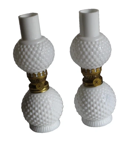 Milk Glass Hobnail Mini Oil Lamp Set of Two Made in Japan vintage