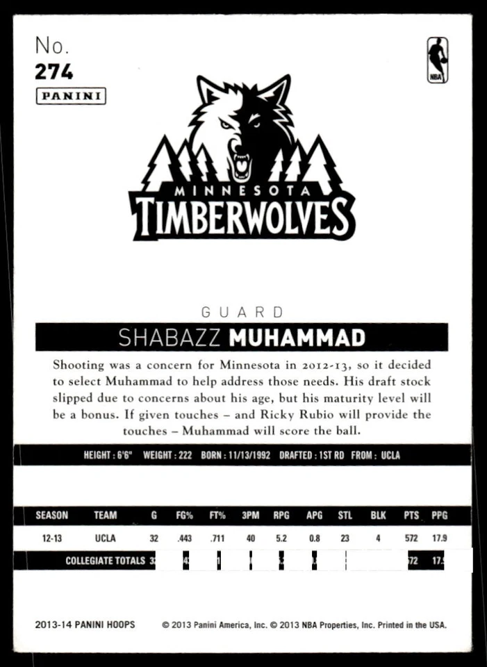 2013-14 Hoops Shabazz Muhammad #274 Rookie Minnesota Timberwolves - Image 2 of 2