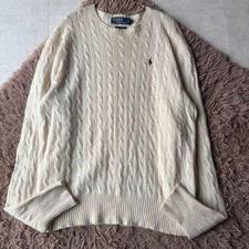 Polo Ralph Lauren Cable Knit Sweater 100 Lambswool Ivory Crew Neck Size L