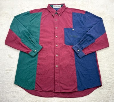 Vintage Men s Bugle Boy Company Button Down Shirt Color-block Red Navy Size XL