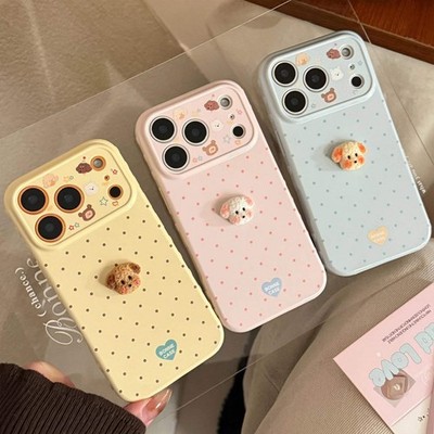 Korean Polka Dots 3D Cartoon Puppy Phone Case For iPhone 17 16 15 14 13 12 Pro M