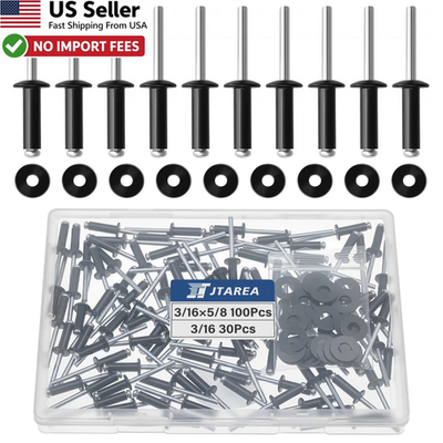 #ad Black Aluminum Pop Rivets 130pcs 3 16x5 8 Stainless Washers Kit FROM USA $10.88