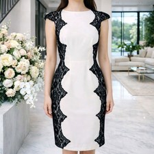 Adrianna Papell Ivory Black Lace Sheath Dress Size 10/12 Cutaway Panel Elegant