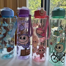 Transparent Labubu 900ml Water Bottle - Leakproof Plastic Straw Cup - 4 Colours