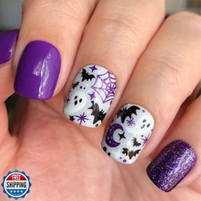 Halloween Fake Nails Purple Glitter Press on Nails Short Square with Spider W