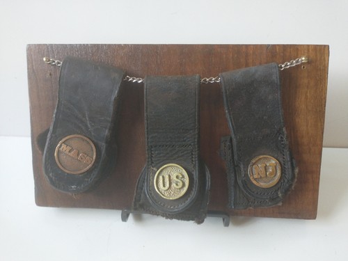 Leather Bayonet Fragments w/ Brass Medallions 3 Pcs: MASS, US, NJ on Board