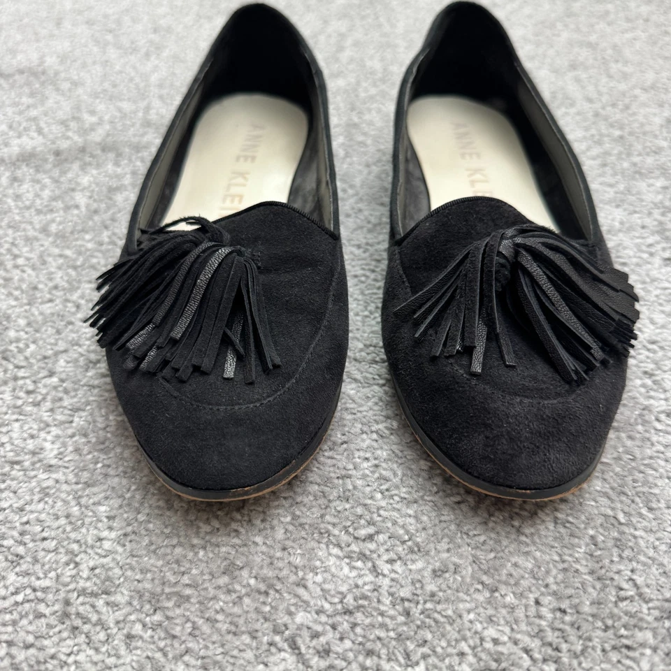 Zapatos Mocasines Anne Klein Gamuza Cuero Borla Flecos Mujer 7.5 Negros Sin Cordones Foto 4 de 4