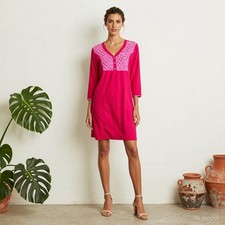 Boho Folk Tunic Dress Pink Geometric Cotton V-Neck Sleeve Button Front XL