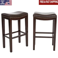 Modern Vegan Leather Bar Stools Set of 2 Brown Wood 30"H Plush Cushions Square