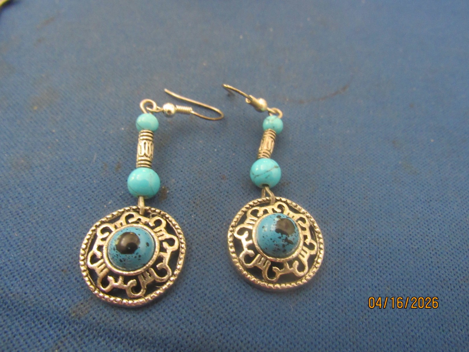 Vintage Sterling Silver Turquoise Beads Pierced Wire Earrings
