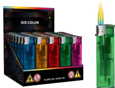 50 Elektronik Feuerzeuge Transparenter Farbmix im Thekenaufsteller Elektro FZ