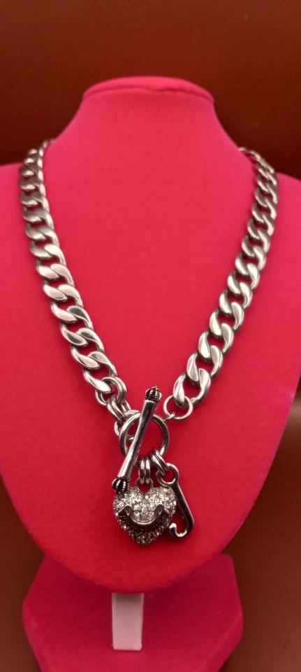 Vintage Juicy Couture Pave Crystal Rhinestone Heart Toggle Charm Necklace Y2K - Image 2 of 4