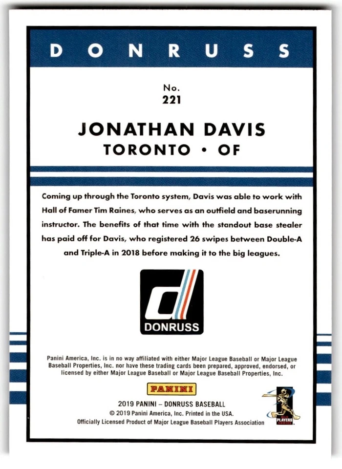 Jonathan Davis 2019 Donruss Rookie #221 Toronto Blue Jays - Image 2 of 2