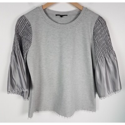 Kobi Halperin Women's Sz. S Grey Silk Belle Sleeve Crochet Trim Detail Blouse