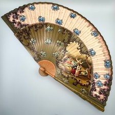 Vintage ANTIQUE Spain Folding Fan Hand Painted People Fabric Fan BLUE FLOWERS
