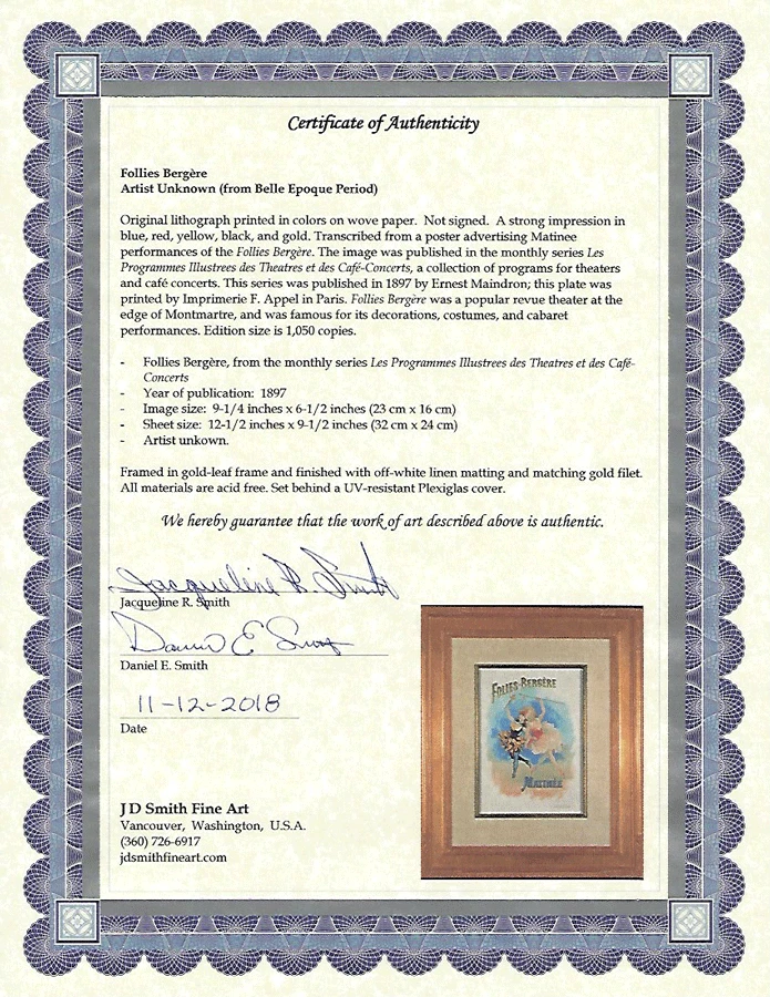 Folies Bergère Litografía Color Original de 1897 Enmarcada Foto 3 de 3
