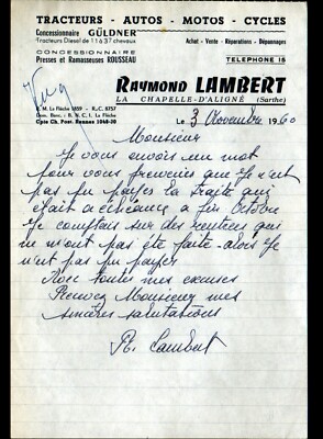 LA CHAPELLE-D'ALIGNE 72: GULDNER TRAKTORHÄNDLER ''Raymond LAMBERT'' 1960