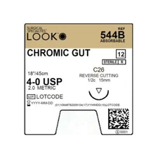 Look X544B Chromic Gut Absorbable Sutures 4-0 18" C26 3/8 Circle 15mm 12/Pk