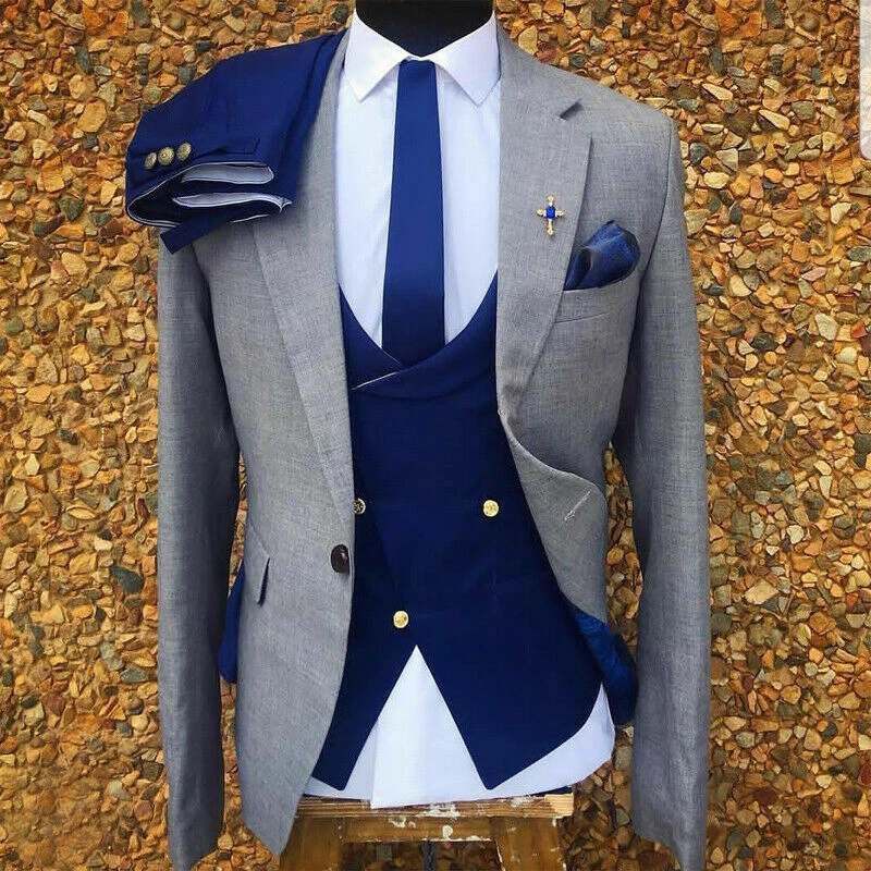 Gray suit top jacket blue pants