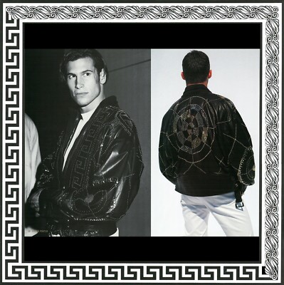 GIANNI VERSACE Black Leather Jacket with Greek Key Studded size 52