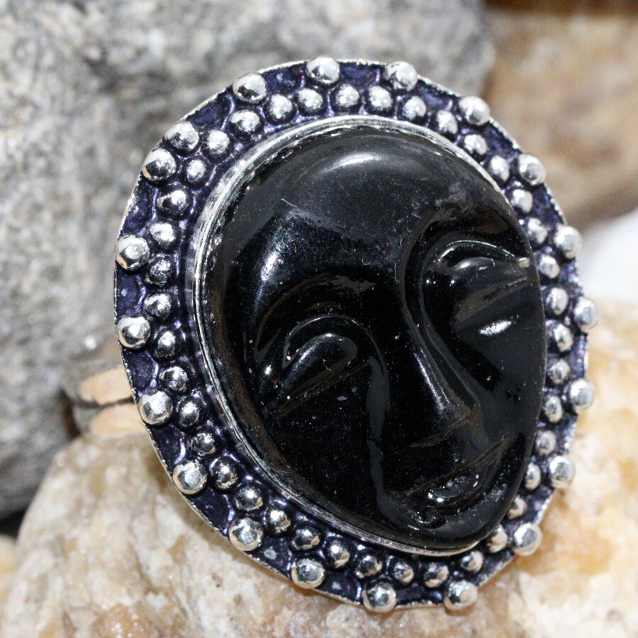 925 Silver Plated Carved Face Black Agate Ethnic Ring Jewelry Size US 11 JW