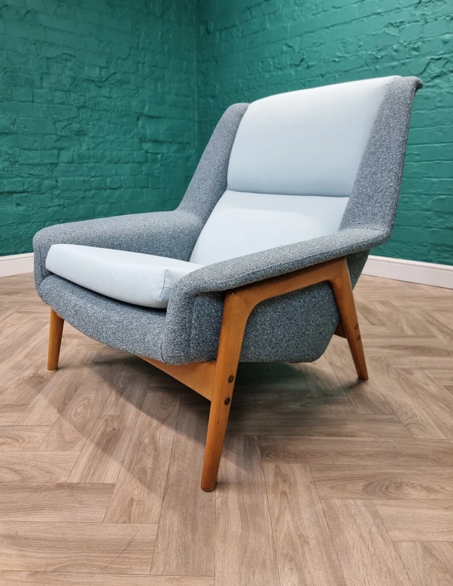 Mid Century Swedish Blue Wool Profil Lounge Chair by Folke