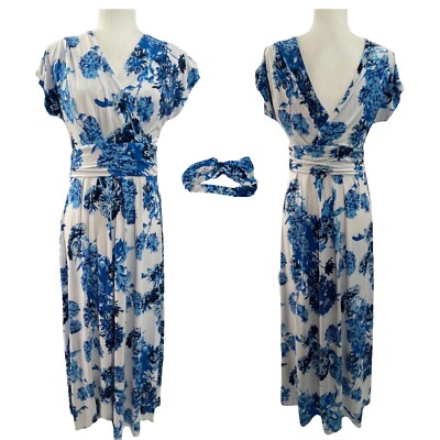 IMAN Boho Maxi Dress Head Wrap Wrinkle Resistant 8-10 Medium Blue Floral 692-183