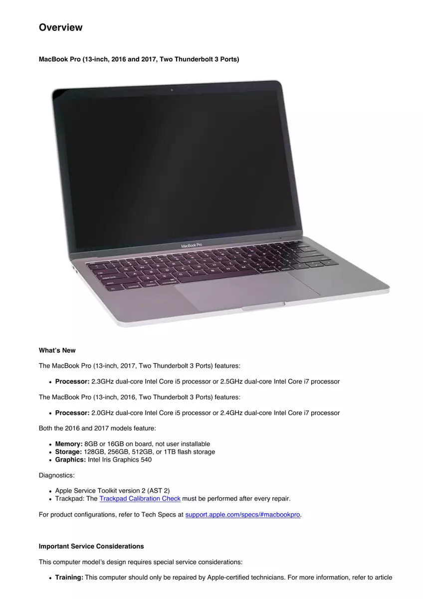 Apple MacBook Pro 13-inch 2017 Two Thunderbolt 3 Ports Guide Service Manual