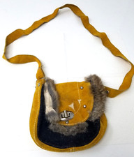 Mexican Children Leather Fur Sling Purse Pack Yellow Black Handmade Vintage 1970