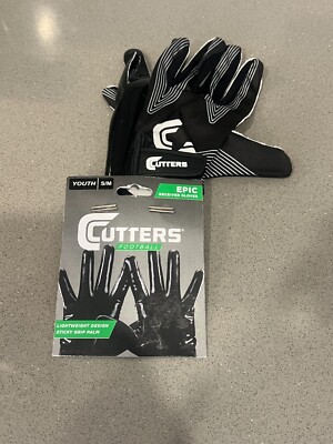 Cutters Football Receiver Sticky Grip Palm Youth Gloves, Small/Med, Black, NWT